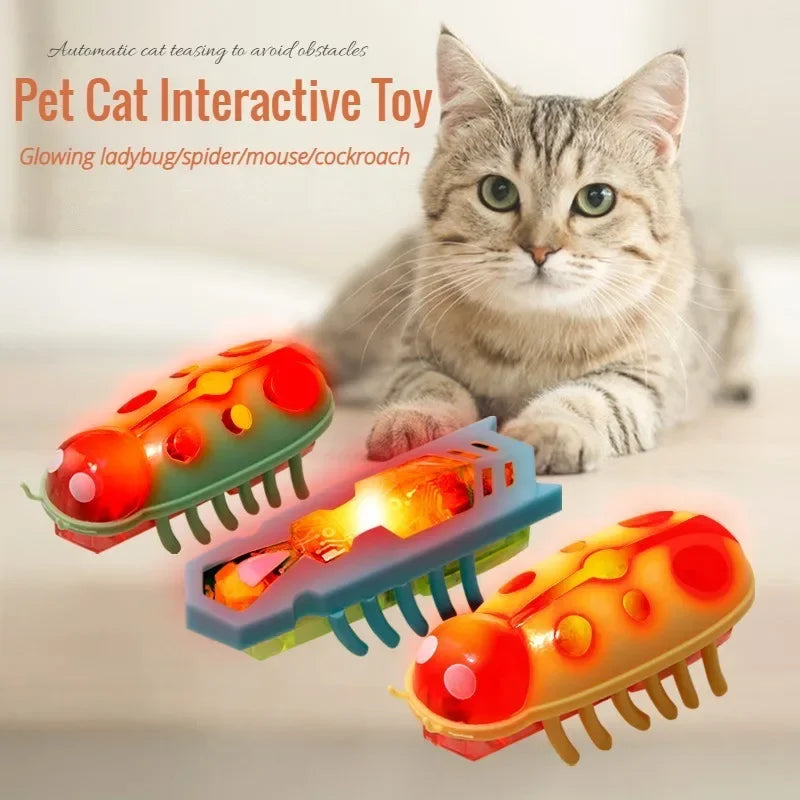 Pet Cat Toys Interactive Mini Electric Glowing Bug Toy Cats Escape Obstacle Automatic Flip Toy Battery Operated Vibration Beetle