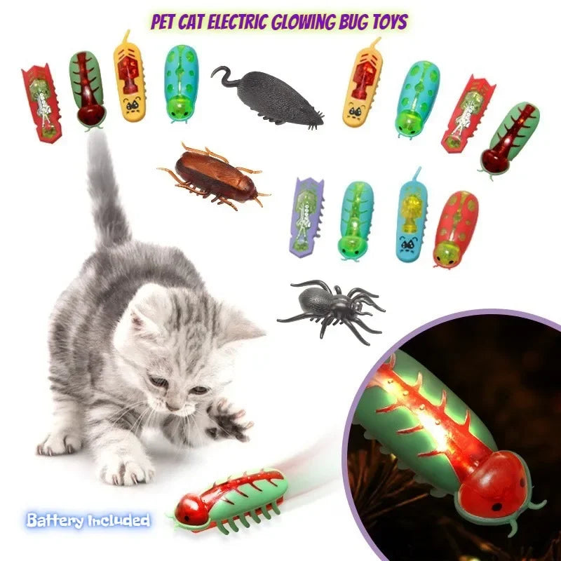 Pet Cat Toys Interactive Mini Electric Glowing Bug Toy Cats Escape Obstacle Automatic Flip Toy Battery Operated Vibration Beetle