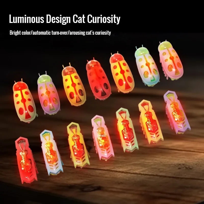 Pet Cat Toys Interactive Mini Electric Glowing Bug Toy Cats Escape Obstacle Automatic Flip Toy Battery Operated Vibration Beetle